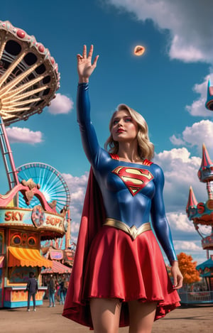 ((Full body angle:1.4)), supergirl, a hand up, Standing in front of the spooky amusement park,sky at clouds with ufo, landscape, masterpiece, best quality, ultra-detailed, high resolution 8K),perfect,High detailed,perfecteyes