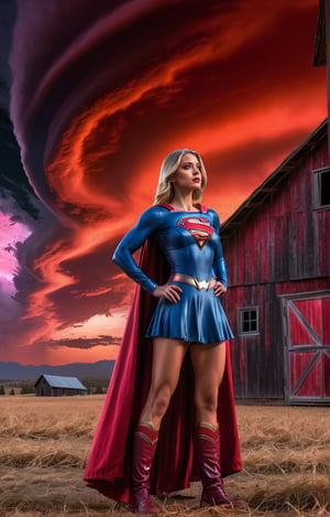 ((Full body angle:1.4)), supergirl, Long hair, Standing in front of the spooky small barn, red sky at spooky clouds with ufo, landscape, masterpiece, best quality, ultra-detailed, high resolution 8K),perfect,High detailed,perfecteyes