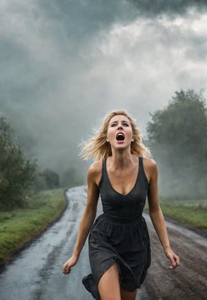 Complex horror movie, a beautiful, slender, blonde 26 year old British woman is screaming in terror with her eyes wide open. ((a spooky, misty English country road, close-up of her frightened face) a waist-high close-up of the frantic screaming woman is in the foreground at the bottom of the frame, while a large UFO hovers in the sky in the background.) dramatic movement, atmosphere, cinematography, photography, pencil, watercolor, bright and rich colors, Gabriel Dello, Charles Victor Tillion, Karl Eugen Kiel, Carl Lundgren, pencil drawing