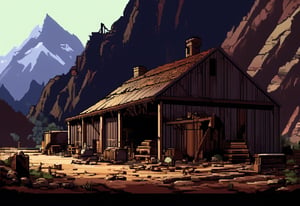 Abandoned warehouse exterior pixel art scene. Located in the mountains in a remote area. Spooky atmosphere.