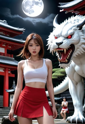 too many Japanese Yokai monsters attack a (white tank-top and red skirt)) white-skinned beautiful British woman, very small tits, ((she scream in fear)), wide-open eyes, barefoot, dramatic angles and poses, perfect female anatomy, realistic and detailed, horror movie Style, full-moon midnight of Japanese shrine, super realistic, masterpiece,