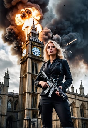 Beautiful American blonde woman with machine gun in hand in front of an exploding and burning clock tower in England, ominous sky, dramatic angle, realistic and detailed horror movie style, surreal, masterpiece,