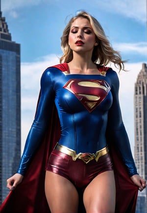 topless supergirl, Eyes closed, unconscious, dramatic angles and poses, perfect female anatomy, few men watching her, realistic and detailed horror movie style, super realistic, new york skyscrapers, masterpiece,p3rfect boobs