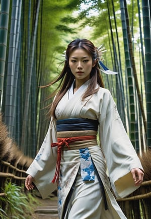 ((full body angle)), Beautiful Japanese shrine maiden woman, award-winning beautiful face, long hair blowing in the wind, charming and beautiful, ((too many monsters attack her)), 8k, raw, high resolution, masterpiece, hdr, in bamboo forest, film still, horror movie still, cinematic, horror movie still