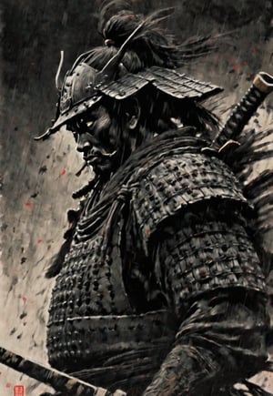 ((Seven Japanese samurai standing side by side in the wilderness)), no armor, ((front angle)), excellent image quality, exquisite detail, charcoal drawing, charcoal, popular Japanese action manga, ink painting, pouring rain, Japanese plains, holding swords, glowing eyes, fearless heroism, warriors