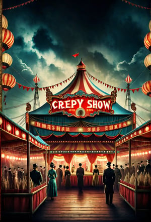 Landscape overlooking a creepy chines freak  show, dramatic angle, panoramic view, realistic and detailed, retro suspense movie poster style, surreal, masterpiece,