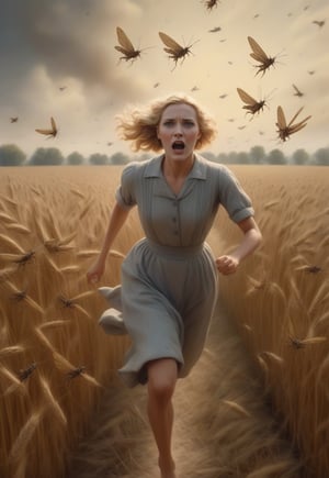 1930s, swarm of locusts fly over blonde English woman as she runs away in fear, barefoot, spooky wheat field, realistic and detailed, horror movie style, surreal, masterpiece
