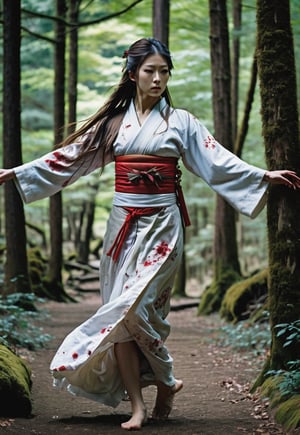 ((full body angle)), Beautiful Japanese shrine maiden woman, award-winning beautiful face, long hair blowing in the wind, charming and beautiful, ((too many zombies attack her)), 8k, raw, high resolution, masterpiece, hdr, in spooky forest, film still, horror movie still, cinematic, horror movie still