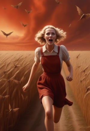 1930s, swarm of locusts fly over blonde English woman as she runs away in fear, barefoot, wheat field in spooky red sky, realistic and detailed, horror movie style, surreal, masterpiece