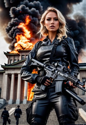 Beautiful American blonde woman with machine gun in hand, in front of the burning Japanese parliament building, ominous sky, dramatic angle, realistic and detailed horror movie style, surreal, masterpiece,