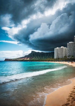 Panoramic view, Hawaii Island, Waikiki Beach, eerie sky, dramatic angle, realistic and detailed action movie style, surreal, masterpiece,