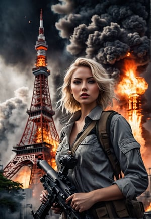 Beautiful American blonde woman with machine gun in hand, in front of an exploding and burning Japanese Tokyo tower, ominous sky, dramatic angle, realistic and detailed horror movie style, surreal, masterpiece,