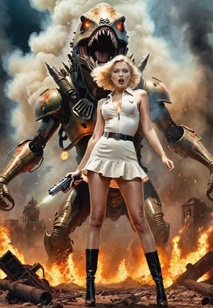 1930s, few space monsters attack a blonde Ukrainian woman standing with a ray gun, she freaks out, bare feet, dramatic angles and poses, perfect female anatomy, realistic, detailed, horror movie style, surreal, night martian wasteland, big Explosive Flames, masterpiece,