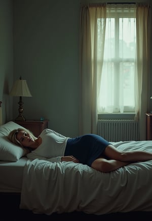 Suspense horror movie poster, title, An empty room, A restrained American blonde woman wearing a white blouse and a navy blue tight skirt lies down on a bed, carelessly placed on the bed, MoviePosterAF