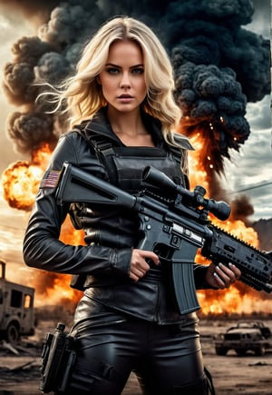 Beautiful American blonde woman with machine gun in hand, in front of an exploding and burning alien secret base, ominous sky, dramatic angle, realistic and detailed horror movie style, surreal, masterpiece,