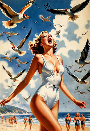 1930s, beautiful British woman in white one piece swimsuit, screaming in fear, dramatic angle and pose, realistic and detailed, flock of birds flying in the spooky sky, retro horror movie poster style, ultra realistic, tigers, people fleeing on the beach, masterpiece,