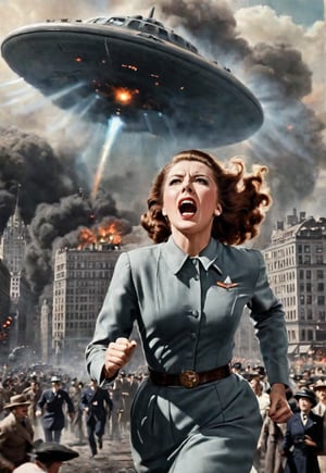1939s beautiful British woman screaming in fear, lots of peoples running in the background, dramatic angle, perfect female anatomy, realistic and detailed, movie style, super realistic, the big UFO attacking the burning Manhattan city to death ray, masterpiece, fighter planes in the spooky sky