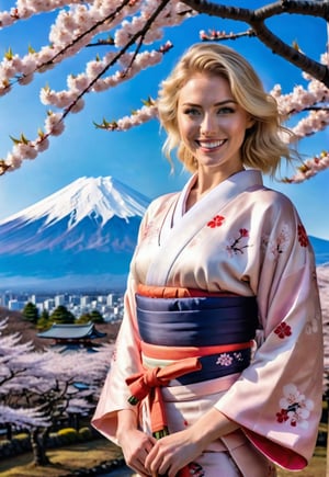 wide landscape, standing a gorgeous kimono beautiful american blonde woman, smile, in front of Mt. Fuji in Japan, Cherry tree in full bloom, dramatic angle, realistic and detailed movie style, surreal, masterpiece,
