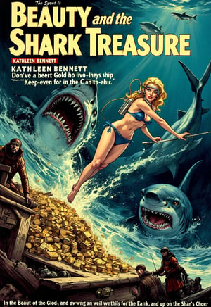 (modern adventure movie poster: 1.3), (big title, Beauty and the Shark Treasure, subtitles: 1.3), (Kathleen Bennett: 1.3), (main image, a beautiful blonde bikini woman with diving gear explores the ocean floor. she finds a sunken ship filled with gold and silver treasure, but sharks are swarming all around: 1.2), a creepy sunken ship and a man overlaps,illustrated