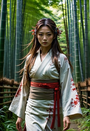 Beautiful Japanese shrine maiden woman, award-winning beautiful face, long hair blowing in the wind, charming and beautiful, ((too many zombies attack her)), 8k, raw, high resolution, masterpiece, hdr, in bamboo forest, film still, horror movie still, cinematic, horror movie still