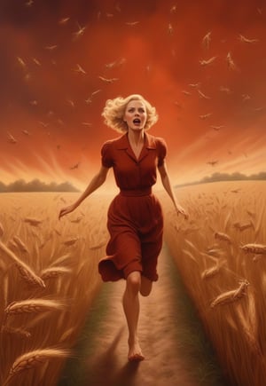 1930s, a lot of many swarm of locusts fly over blonde English woman as she runs away in fear, barefoot, wheat field in spooky red sky, realistic and detailed, horror movie style, surreal, masterpiece