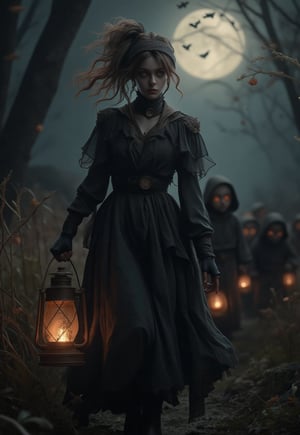 woman in elegant Halloween costume, walking through moonlit spooky meadow on Halloween night, hair in ponytail, spooky atmosphere, (((lantern in hand))), Halloween theme, candy collection setting, devil children procession behind