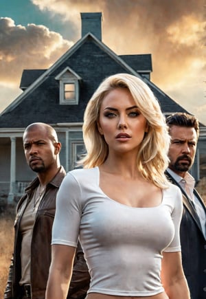 Beautiful blonde American woman with four bad guys, dramatic angles and poses, perfect female anatomy, realistic and detailed, action movie poster style, surreal, in front of a house on a wild plain, masterpiece,