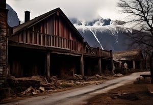 Abandoned warehouse exterior real art scene. Located in the mountains in a remote area. Spooky atmosphere.,mdvl