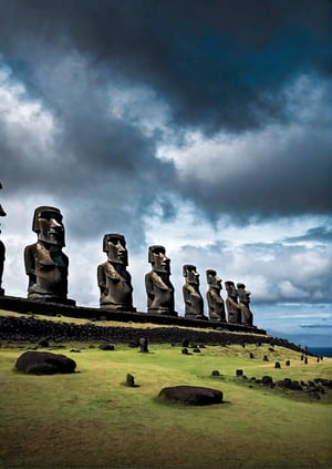 Panoramic view, Easter Island, Moai statues, eerie sky, dramatic angles, realistic and detailed action movie style, surreal, masterpiece,