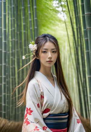 One young Japanese woman, award-winning beautiful face, long hair flowing in the wind, attractive and beautiful kimono, calm posture, 8k, raw, high resolution, masterpiece, dslr, hdr, japanese bamboo forest background, film still, movie still, cinematic, movie still
