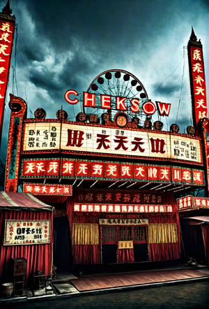 Landscape overlooking a creepy chines freak  show, dramatic angle, panoramic view, realistic and detailed, retro suspense movie poster style, surreal, masterpiece,darkart,tenkaippin