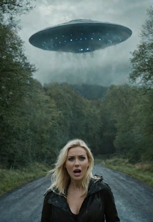 complex horror movie. a beautiful, slender, blonde, 26 year old British woman encounters a giant UFO and screams in terror, eyes wide open. ((spooky, misty English country road, waist-high close-up of a frightened, frantic screaming woman in the foreground at the bottom of the frame, a large UFO looming over her in the sky in the background.), dramatic movement, atmosphere, cinematography, photography, pencil, watercolor, bright, rich colors, Gabriele Dello, Charles Victor Tillion, Karl Eugen Kiel, Carl Lundgren, pencil drawing,MoviePosterAF