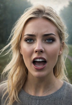 Complex horror movie, a beautiful, slender, blonde 26 year old British woman is screaming in terror with her eyes wide open. ((a spooky, misty English country road, close-up of her frightened face) a waist-high close-up of the frantic screaming woman is in the foreground at the bottom of the frame, while a large UFO hovers in the sky in the background.) dramatic movement, atmosphere, cinematography, photography, pencil, watercolor, bright and rich colors, Gabriel Dello, Charles Victor Tillion, Karl Eugen Kiel, Carl Lundgren, pencil drawing