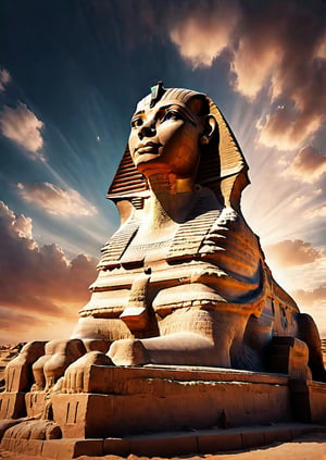 Panoramic view, Egypt, Sphinx statue, eerie sky, dramatic angle, realistic and detailed action movie style, surreal, masterpiece,