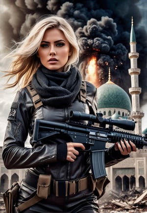 Beautiful American blonde woman in killer style, machine gun in hand, in front of an exploding mosque, ominous sky, dramatic angle, realistic and detailed horror movie style, surreal, masterpiece,