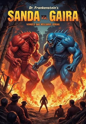 (Horror movie poster), (Large title, Dr. Frankenstein's monster: Sanda vs. Gaira), (Scene of two monsters fighting in a forest burning with tremendous flames: 2.0), (Main image, two huge humanoid monsters (Sanda with red body and Gaira with blue body) fighting in a forest fire: 2.0)), (Realistic style: 2.0), ((Male and female scholars watching the fight overlap at the bottom)), realistic details, horror movie, surreal, masterpiece, pavsok style,illustrated