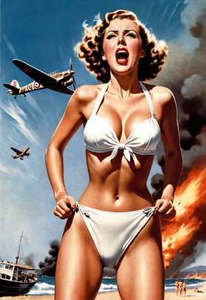 in 1930s, a white bikini beautiful British woman, she screams in fear, dramatic angles and poses, realistic and detailed, bomber in the sky, retro horror movie poster style, super realistic, in the beach of war on big fire, masterpiece,