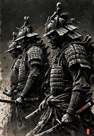 ((Seven Japanese samurai standing side by side in the wilderness)), no armor, ((front angle)), excellent image quality, exquisite detail, charcoal drawing, charcoal, popular Japanese action manga, ink painting, pouring rain, Japanese plains, holding swords, glowing eyes, fearless heroism, warriors