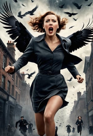 1930s, beautiful British woman running, screaming in fear, dramatic angle and pose, realistic and detailed, flock of crows flying in the spooky sky, retro horror movie poster style, ultra realistic, people fleeing on the city, masterpiece,