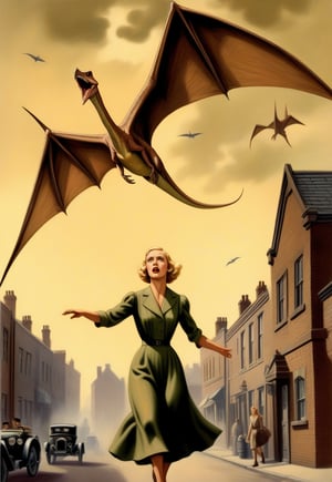 1930s, Pteranodon flies over a blonde British woman, scaring her into fleeing, realistic, detailed, horror movie-esque, surreal, masterpiece