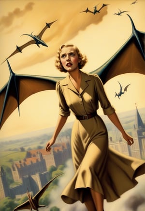 1930s, Pteranodon flies over a blonde British woman, scaring her into fleeing, realistic, detailed, horror movie-esque, surreal, masterpiece