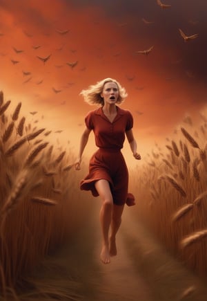 1930s, a lot of many swarm of locusts fly over blonde English woman as she runs away in fear, barefoot, wheat field in spooky red sky, realistic and detailed, horror movie style, surreal, masterpiece