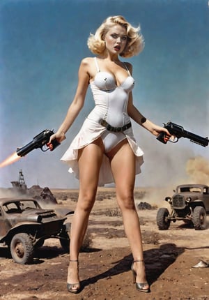 1930s, few space monsters attack a panty blonde Ukrainian woman standing with a ray gun, she freaks out, bare feet, dramatic angles and poses, perfect female anatomy, realistic, detailed, horror movie style, surreal, martian wasteland, masterpiece,