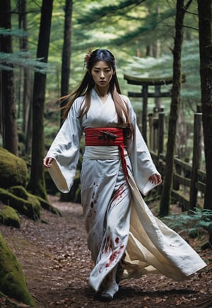 ((full body angle)), Beautiful Japanese shrine maiden woman, award-winning beautiful face, long hair blowing in the wind, charming and beautiful, ((too many zombies attack her)), 8k, raw, high resolution, masterpiece, hdr, in spooky forest, film still, horror movie still, cinematic, horror movie still