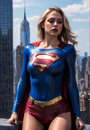 topless supergirl, Eyes closed, unconscious, dramatic angles and poses, perfect female anatomy, few men watching her, realistic and detailed horror movie style, super realistic, new york skyscrapers, masterpiece,p3rfect boobs