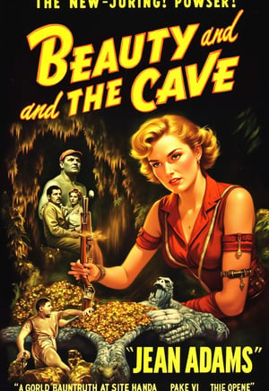  (modern adventure movie poster: 1.3), (big title, Beauty and the Cave Treasure, subtitles: 1.3), (Jean Adams: 1.3), (main image, a beautiful blonde explorer woman is exploring a hidden area of ​​the jungle. overlapping is a scene of a man fighting a giant monster with a rifle that attacks her in a cave filled with gold and silver treasures: 1.2),pavsok Style