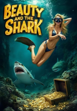 (modern adventure movie poster: 1.3), (big title, Beauty and the Shark Treasure, subtitles: 1.3), (Kathleen Bennett: 1.3), (main image, a beautiful blonde bikini woman with diving gear, explores the ocean floor. she finds a sunken ship filled with gold and silver treasure, but sharks are swarming all around: 1.2), a creepy sunken ship overlaps,pavsok Style