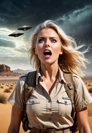 30 year old beautiful blonde British female explorer standing in the desert, eyes and mouth wide open in fear, unconscious, dramatic angles and poses, perfect female anatomy, realistic and detailed horror movie poster style, UFO in the spooky sky, masterpiece,