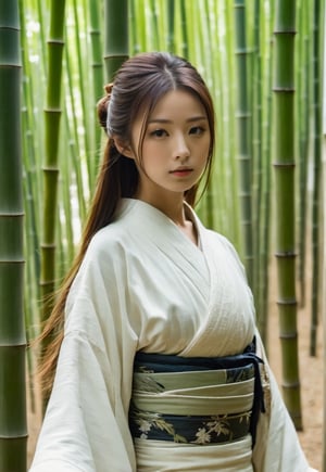 One young Japanese woman, award-winning beautiful face, long hair blowing in the wind, charming, neat kimono, calm posture, 8k, raw, high resolution, masterpiece, dslr, hdr, background of Japanese bamboo forest with temple, film still, movie still, cinematic, movie still