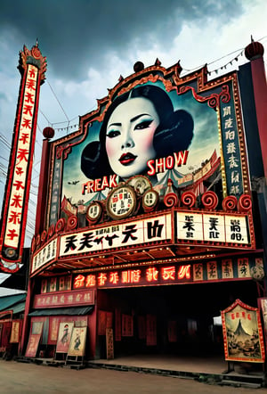 Landscape overlooking a creepy chines freak  show, dramatic angle, panoramic view, realistic and detailed, retro suspense movie poster style, surreal, masterpiece,darkart,tenkaippin